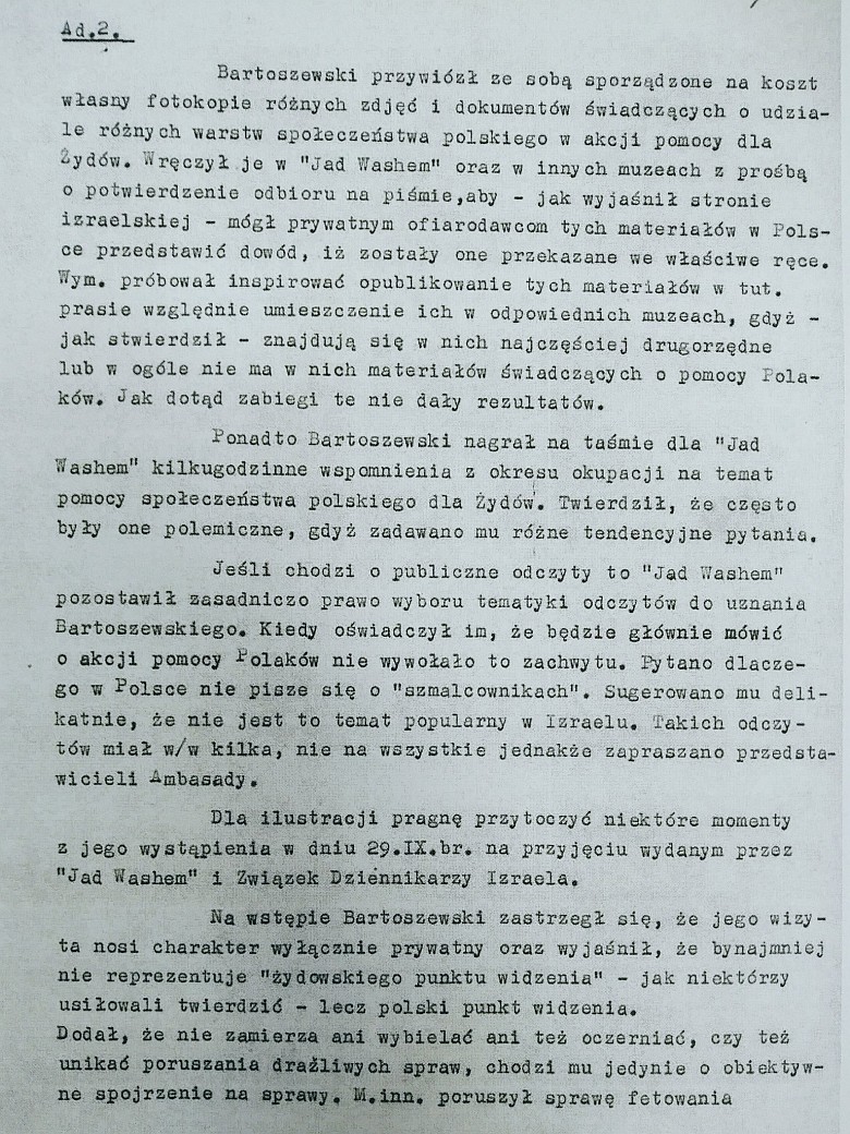 Raporty bezpieki świadczą o wielkich wysiłkach i pracy Bartoszewskiego dla Polski podczas wizyty w Izraelu w 1963 roku