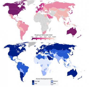 Wskaźnik rozwoju społecznego HDI (od ang. Human Development Index) i bary McDonalda na osobę