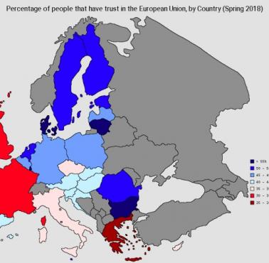 Zaufanie do Unii Europejskiej według kraju, wiosna 2018