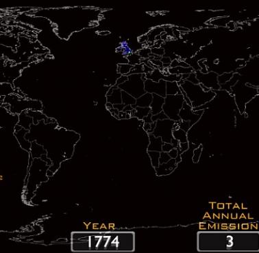 Historia emisji CO2 wyemitowana przez ludzi w latach 1751-2008 (animacja HD)