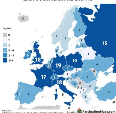 Łączna liczba wizyt prezydenta USA w każdym kraju europejskim od zakończenia zimnej wojny