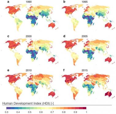 Wskaźnik rozwoju społecznego HDI (od ang. Human Development Index) od 1990 do 2015