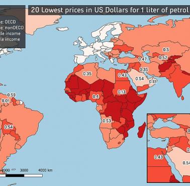 Top20 najniższych cen za 1 litr benzyny (w dolarach) w porównaniu do dochodu