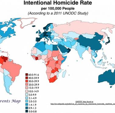 Wskaźnik zabójstw na całym świecie na 100 tys. mieszkańców danego państwa, 2011
