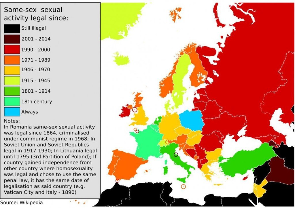 Kary za czyny homoseksualne w Europie. Polska jest jedynym krajem W Europie, gdzie takich kar nigdy nie było