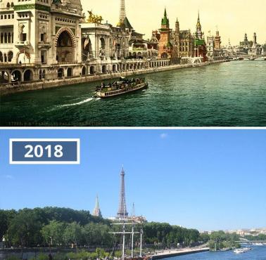 Widok na to samo miejsce w Paryżu w 1900 i 2018 roku