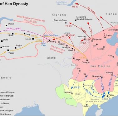 Mapa Chin w czasach ekspansji dynastii Han (206 p.n.e.-220 n.e.)