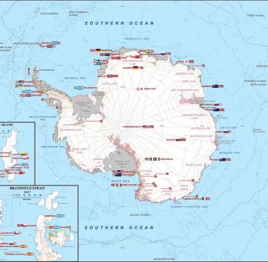 Mapa wszystkich stałych stacji badawczych na Antarktydzie