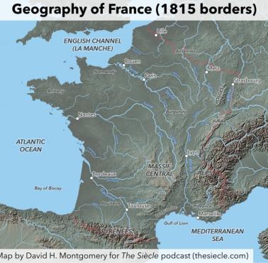 Reliefowa mapa Francji z granicami z 1815 roku