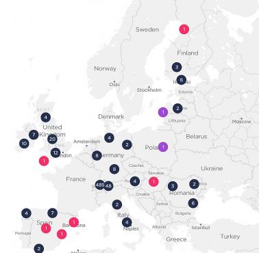 Mapa aktualnych masztów 5G w Europie, 10.2019
