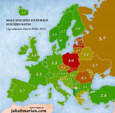 Stosunek samobójstw mężczyzn do kobiet w Europie