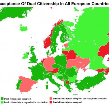 Mapa Europy, w której podwójne obywatelstwo jest zabronione lub ograniczone