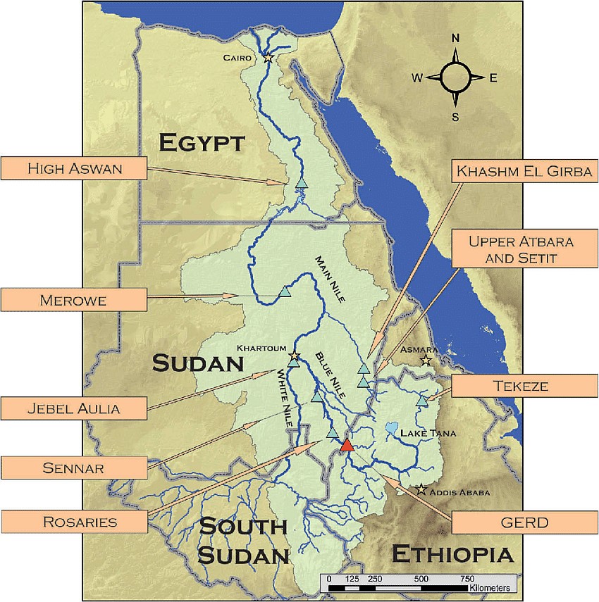 Region wschodniego Nilu z lokalizacjami zbiorników