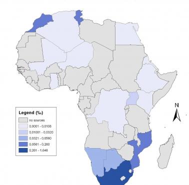 Odsetek Żydów w Afryce, 2005 rok