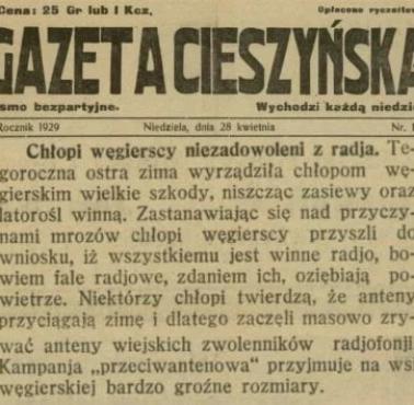 Gazeta Cieszyńska, węgierscy chłopi przeciwko .... radiowym nadajnikom, 1929