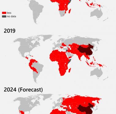 Kraje o niższym PKB na mieszkańca niż Chiny, 1999, 2019 i 2024 (prognoza)