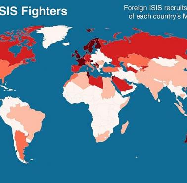 Pochodzenie zagranicznych bojowników DAESH (ISIS) w porównaniu do muzułmańskiej populacji danego kraju
