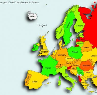 Liczba prostytutek na 100 tys. mieszkańców w poszczególnych państwach Europy