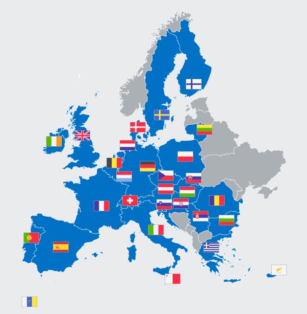 Mapa krajów europejskich, w których działa niemiecka sieć sklepów Lidl, która sprzedaje głównie produkty niemieckie