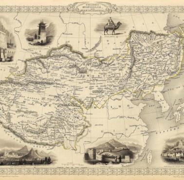Chiny w 1851 roku, Tybet, Mongolia i Mandżuria, z atlasu świata Tallisa (1851) - widać obszary do dzisiaj okupowane przez Rosję