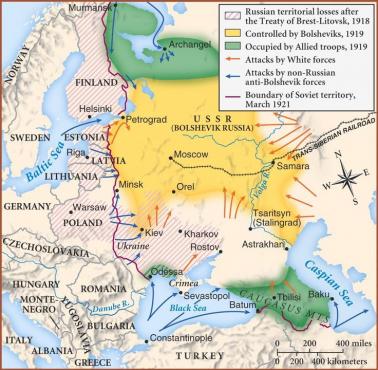 Mapa rosyjskiej wojny domowej (rewolucji bolszewickiej) 1918-1921