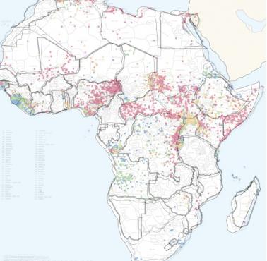 Mapa etniczno-językowa Afryki z naniesionymi obecnymi granicami i konfliktami zbrojnymi (od 1995 roku)