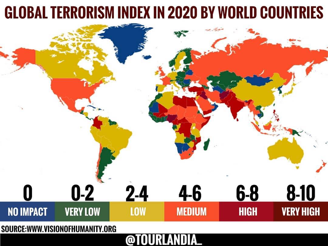 Ryzyko zamachu terrorystycznego w poszczególnych krajach świata, 2020