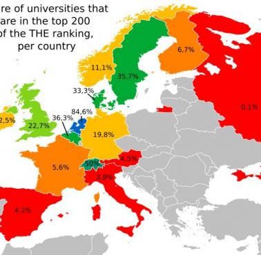 Odsetek europejskich uniwersytetów, które znajdują się w pierwszej 200 rankingu, 2021