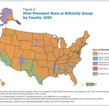 Mulitikulti, dominująca rasa lub pochodzenia etniczne w poszczególnych hrabstwach USA, wg.spisu powszechnego z 2020 roku
