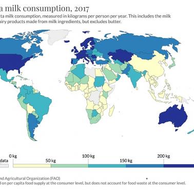 Zużycie mleka na mieszkańca na świecie, 2017
