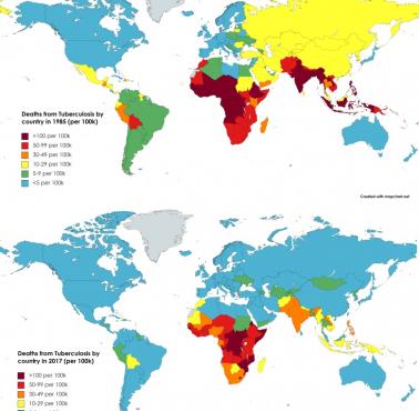 Zgony z powodu gruźlicy według krajów (na 100 tys.) w latach 1985 vs. 2017