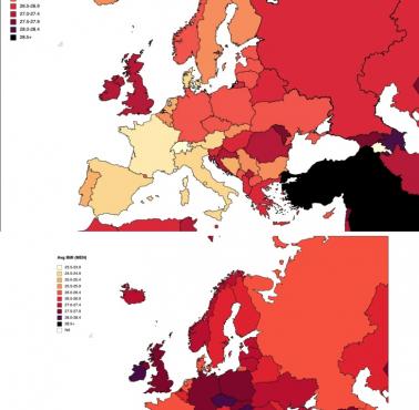Średni wskaźnik masy ciała (BMI, wskaźnik otyłości) w poszczególnych krajach świata