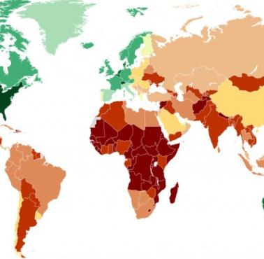 Mediana bogactwa na osobę dorosłą w poszczególnych państwach świata w dolarach, 2021, dane Credit Suisse