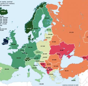 PKB na osobę (per capita) w 2021 w Europie (w dolarach), dane MFW