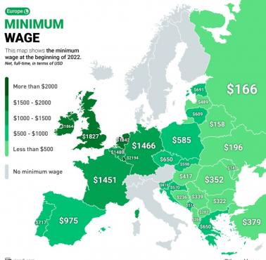 Mapa minimalnych płac w Europie, 2022