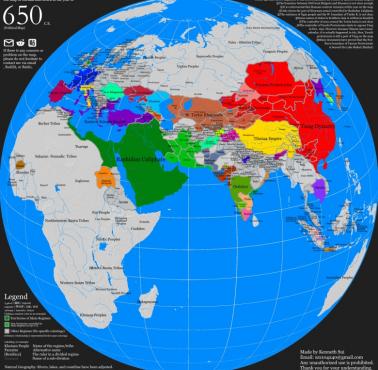 Mapa Eurazji i Afryki w 650 roku n.e.