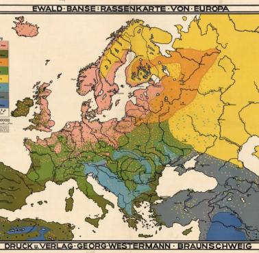 Mapa rasowa Europy autorstwa Ewalda Bansego, 1925