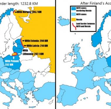 Granice lądowe NATO z Rosją przed i po przystąpieniu Finlandii
