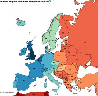 Podobieństwo Y-DNA mieszkańców Anglii w porównaniu z innymi państwami w Europie
