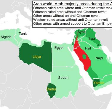 W których krajach na Bliskim Wschodzie podczas I wojny światowej doszło do antyosmańskich powstań, 1916-1918