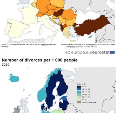 Wskaźniki małżeństw i rozwodów w Europie na 1000 zawartych małżeństw w 2020 roku