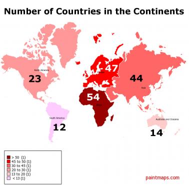 Liczba krajów na kontynentach