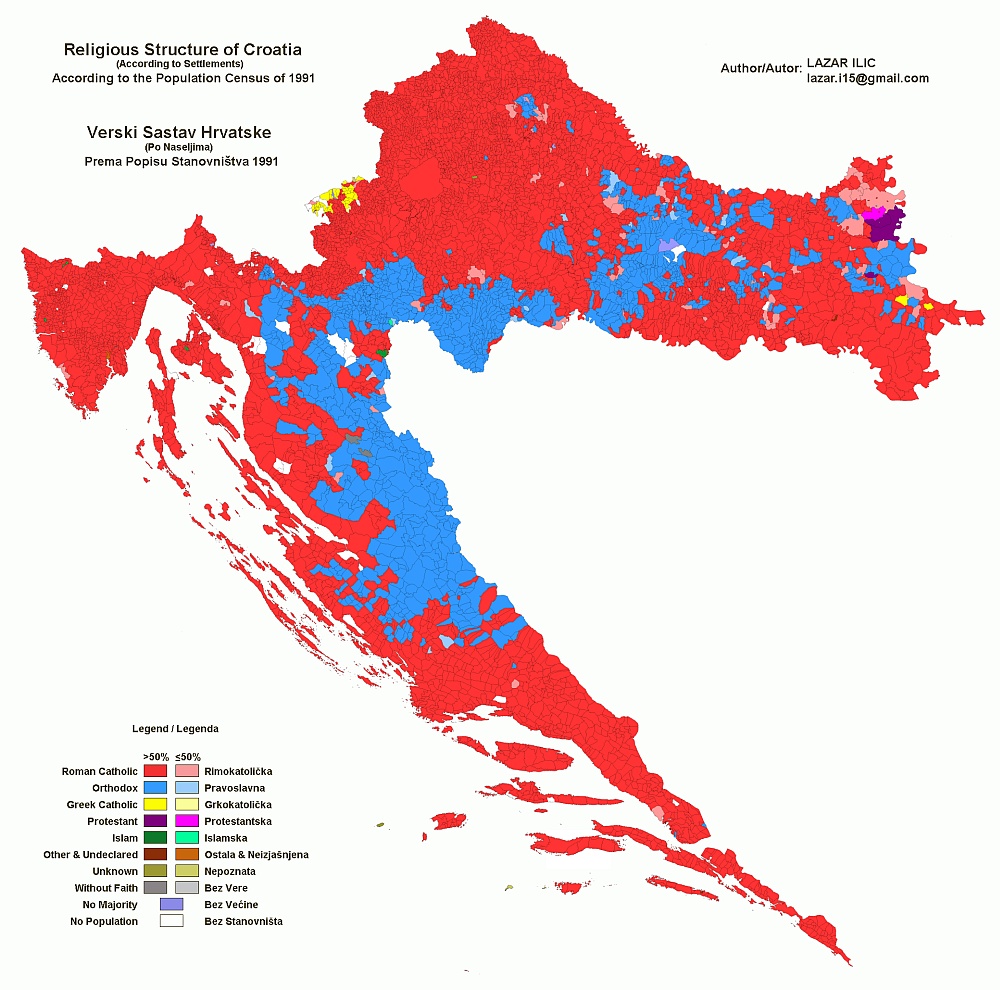 Mapa religijna Chorwacji, 1991