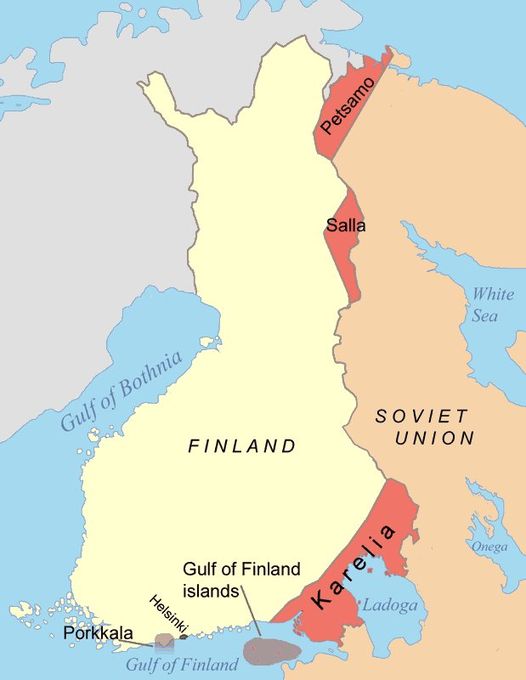 Obszar na czerwono, to straty fińskie po wojnie zimowej z Rosją w 1940 roku