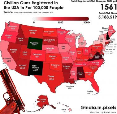 Procent osób posiadających broń w poszczególnych stanach USA