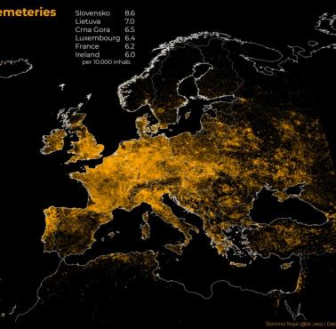 Rozmieszczenie cmentarzy w Europie i regionach przyległych na podstawie Open Street Maps