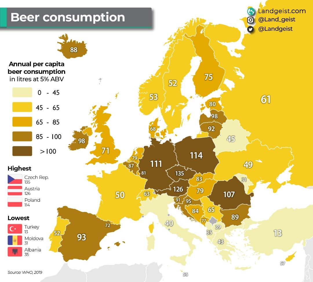 Konsumpcja piwa w Europie na głowę mieszkańca, 2019