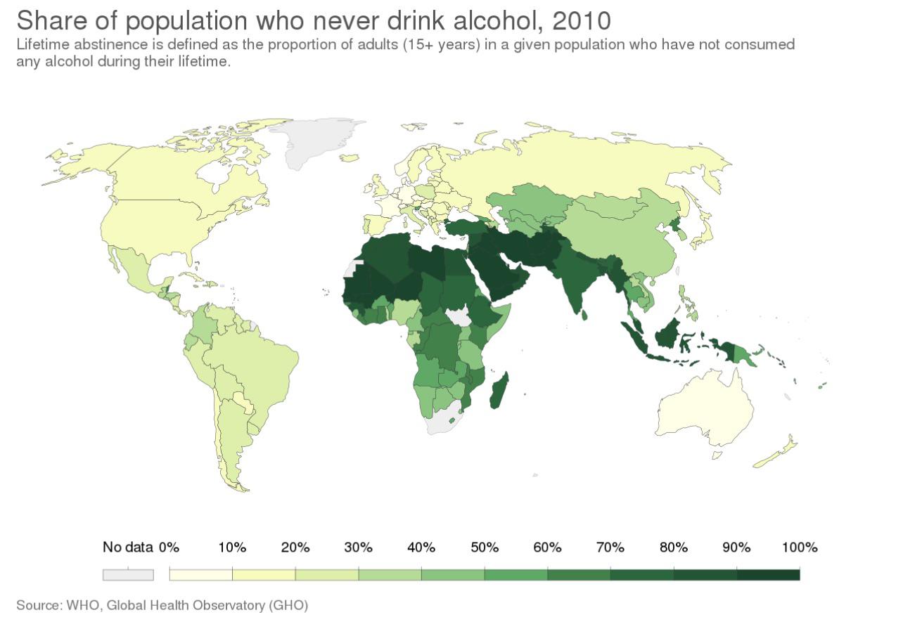 Odsetek osób dorosłych (więcej niż 15 lat), które nie piją alkoholu, 2010, WHO