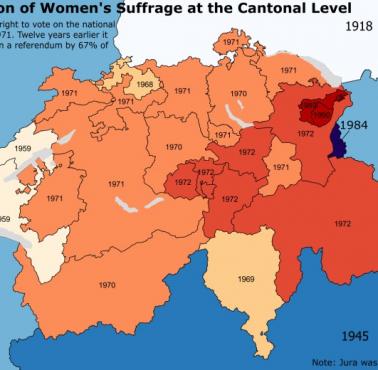 Rok, w którym kobiety zyskały prawo wyborcze w poszczególnych kantonach Szwajcarii
