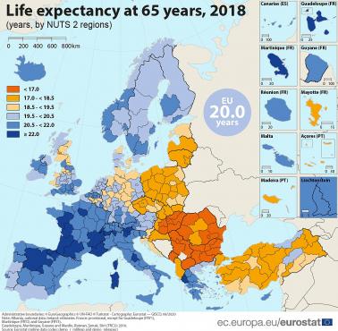 Średnia długość życia po ukończeniu 65 roku życia w Europie w 2018 roku